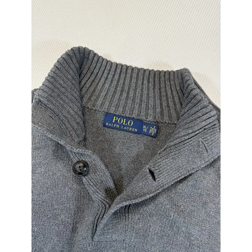 Polo Ralph Lauren Sweater Mens XL Gray Cotton Button Mock Neck Pullover